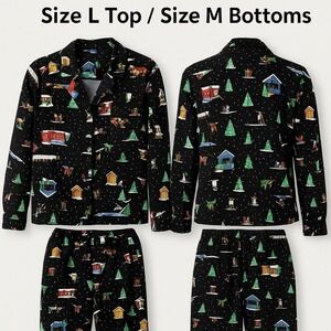 Old Navy Flannel Pajama‎ Set Winter Village Print Top L Pants M Black Snowy